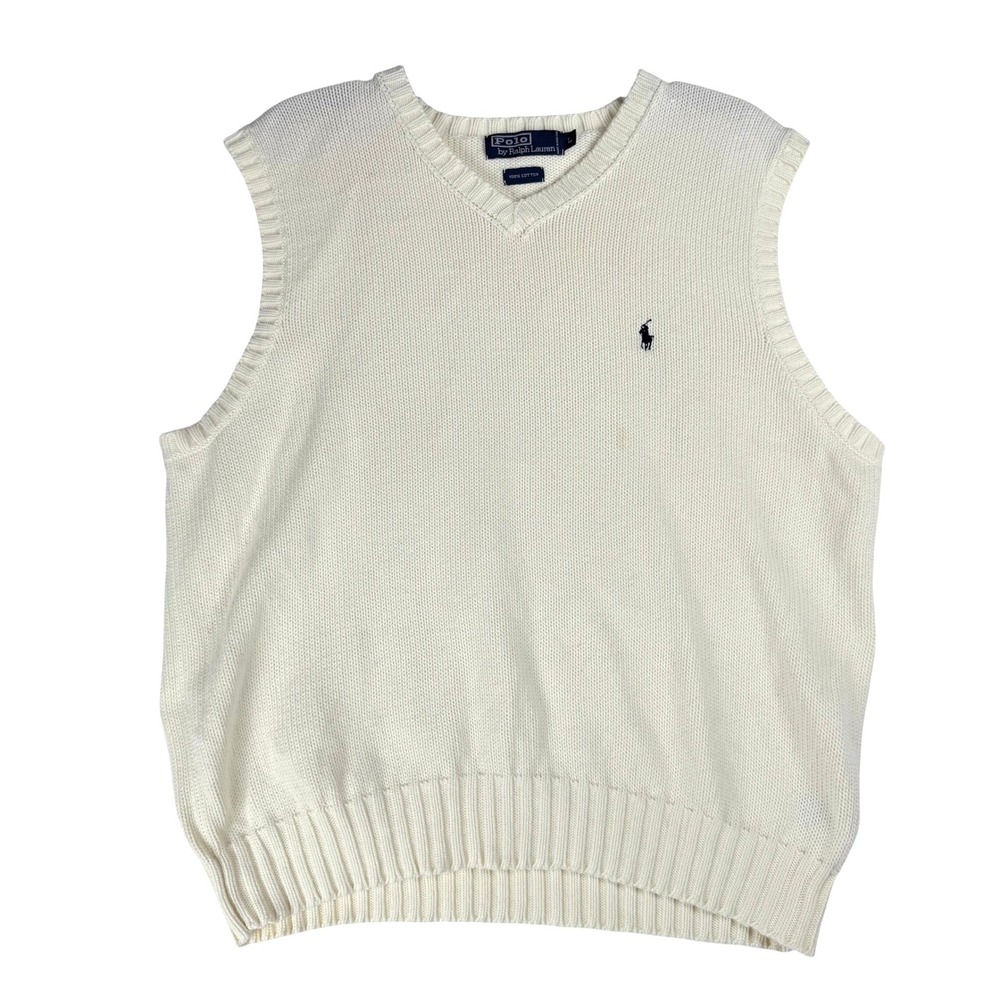 Polo Ralph Lauren Sweater Vest Mens L Cream Cotton V-Neck Preppy Old Money Core